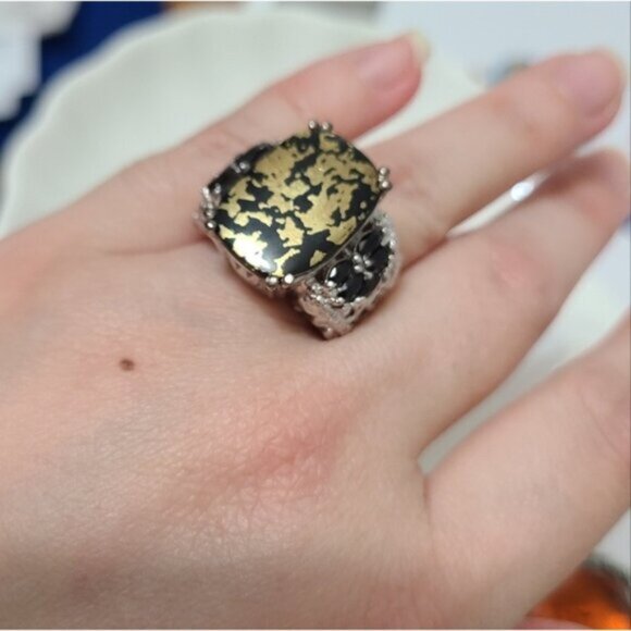 Vintage Sterling Silver 925 Black Goldenite Jade Cocktail Statement Ring - Picture 4 of 13